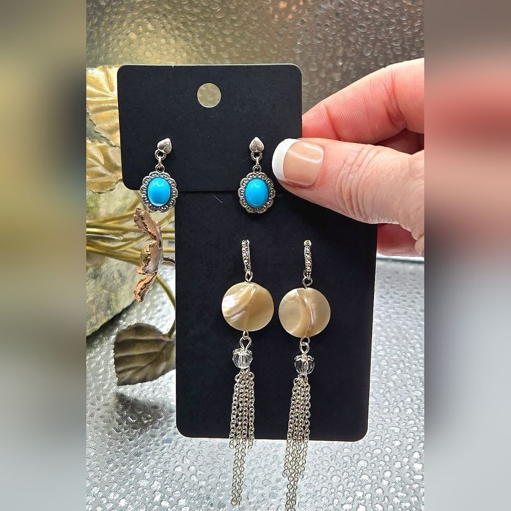 "5/$40" 2 Pairs Dangle Silver Tone Post Earrings, Turquoise/Faux Shell